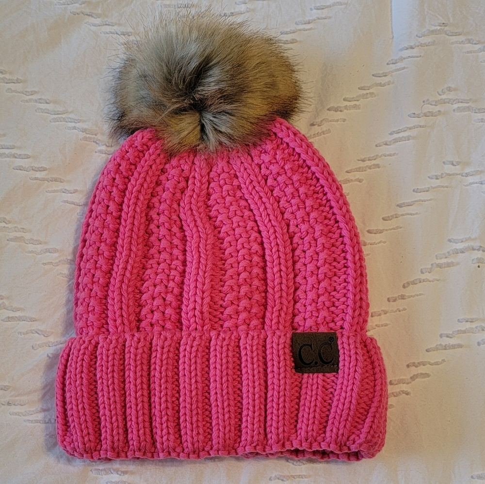 C.C. Hot Pink Knit Women's Beanie with Faux Fur Pom Pom